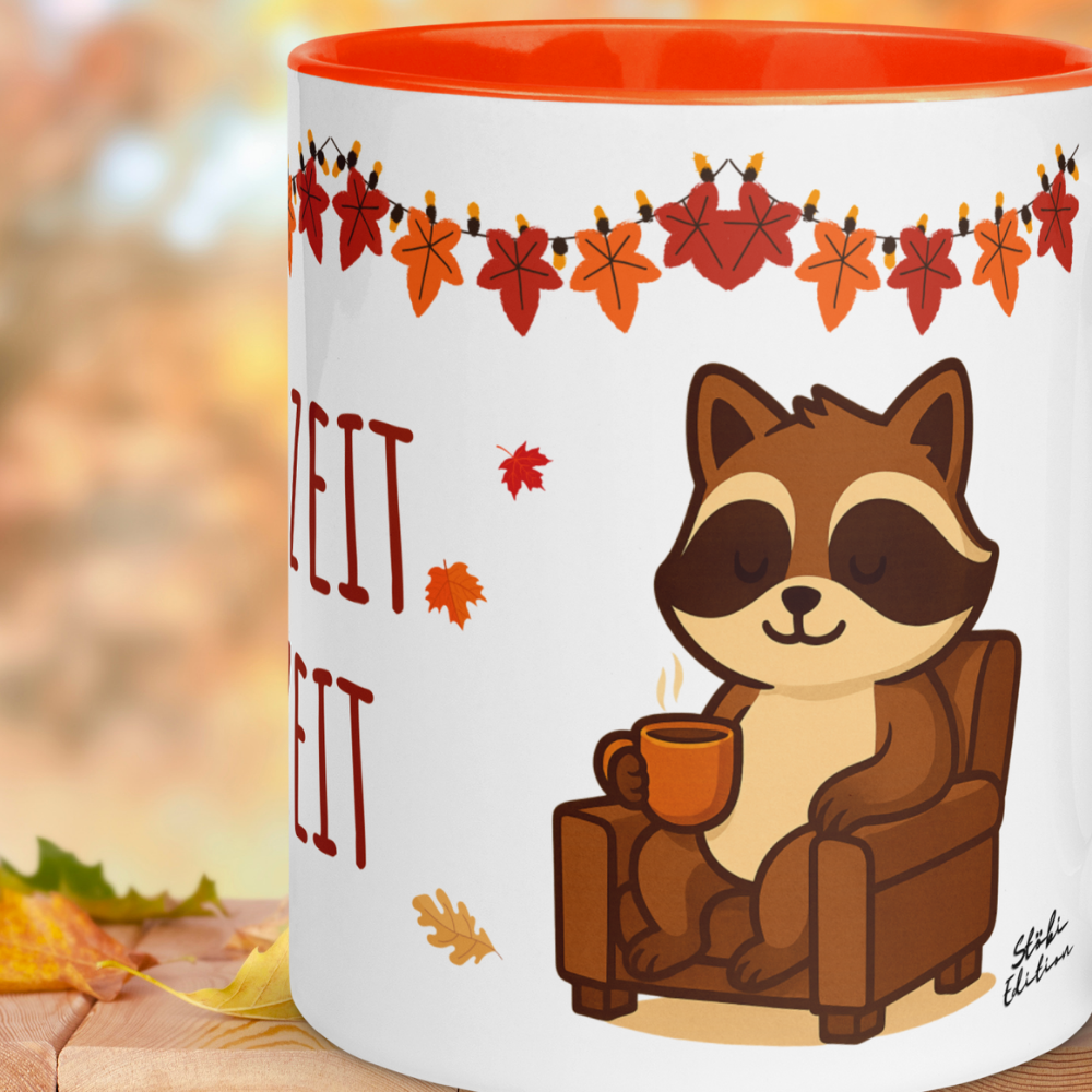 Herbst Tasse „Herbstzeit = Teezeit“ – Keramikbecher mit Stöbi Waschbär-Motiv