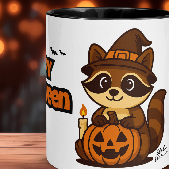 Halloween Tasse „Happy Halloween“ – Keramikbecher mit Stöbi Waschbär-Motiv