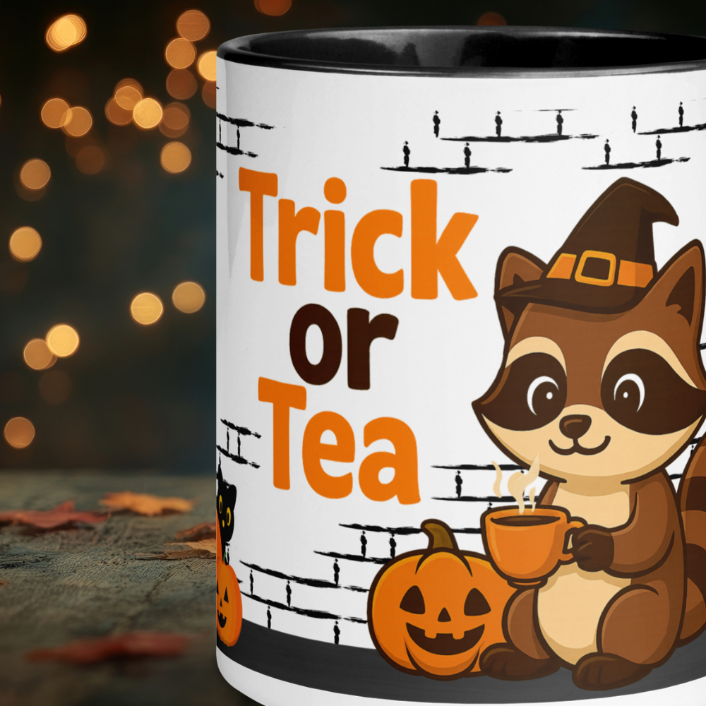 Halloween Tasse „Trick or Tea“ – Keramikbecher mit Stöbi Waschbär-Motiv