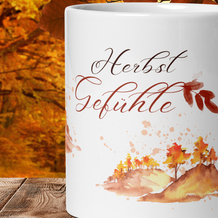 Herbst Tasse „Herbst Gefühle“ – Keramikbecher mit Aquarell-Waldmotiv