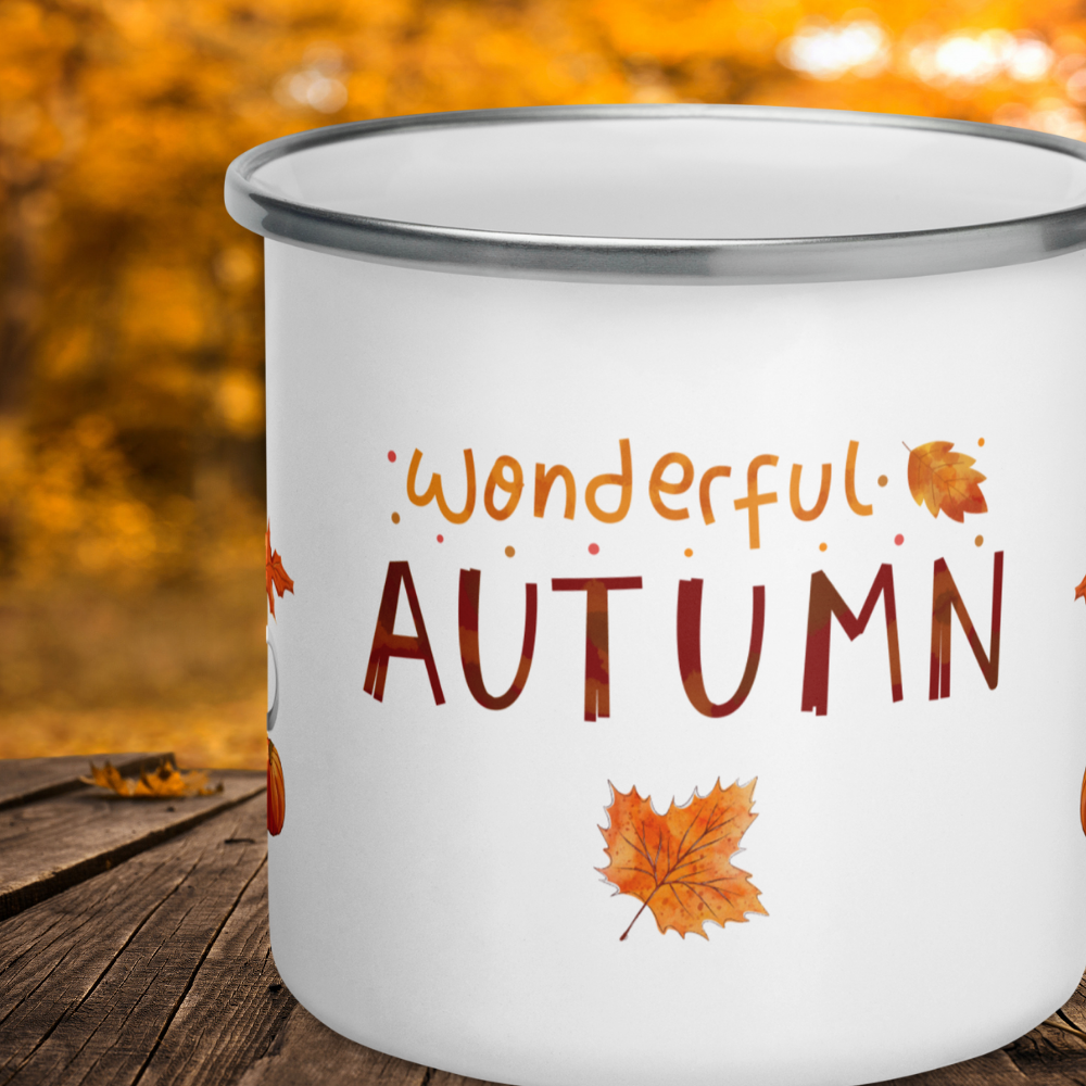 Outdoor Emaille-Tasse „Wonderful Autumn“ – Campingbecher mit Kürbis-, Kakao -Motiv