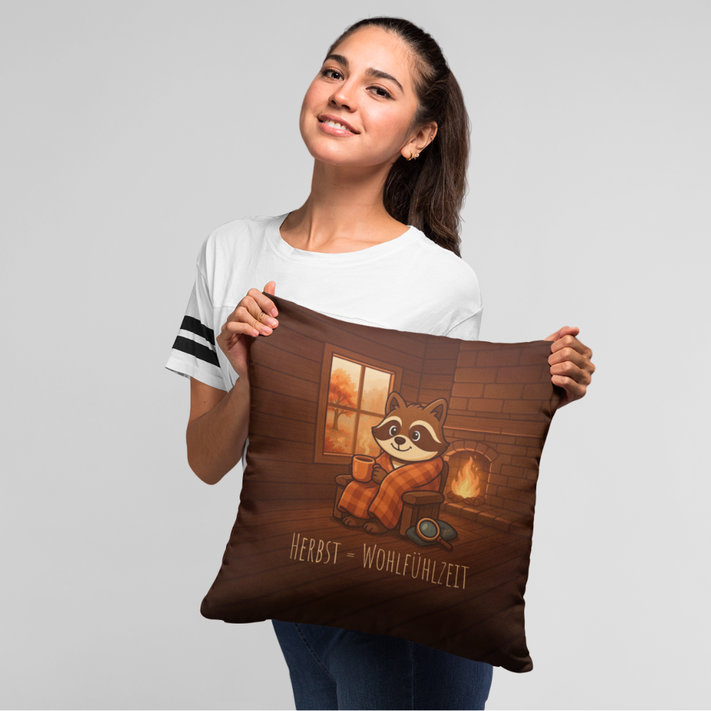 Herbst Hygge Kissen „Wohlfühlzeit“ – Zierkissen mit Stöbi dem Waschbär