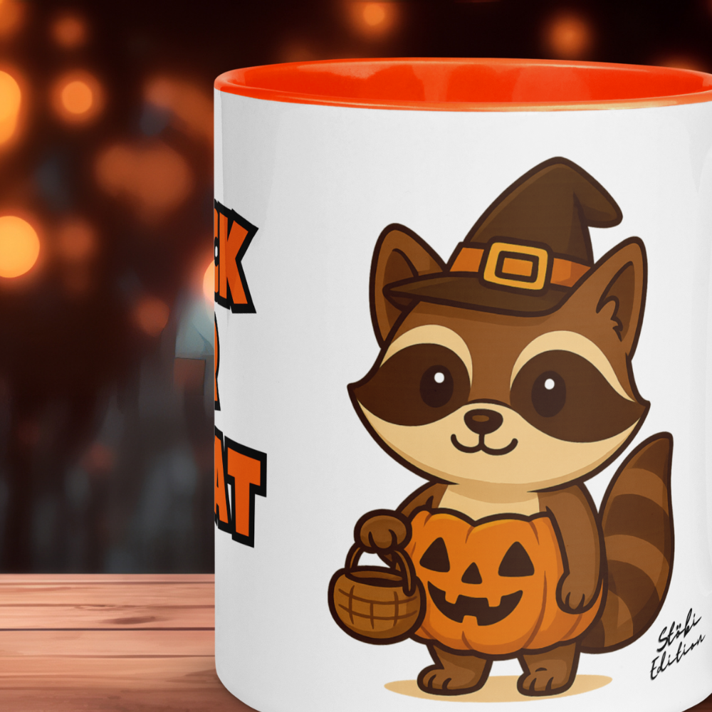 Halloween Tasse „Trick or Treat“ – Keramikbecher mit Baby-Stöbi Waschbär-Motiv
