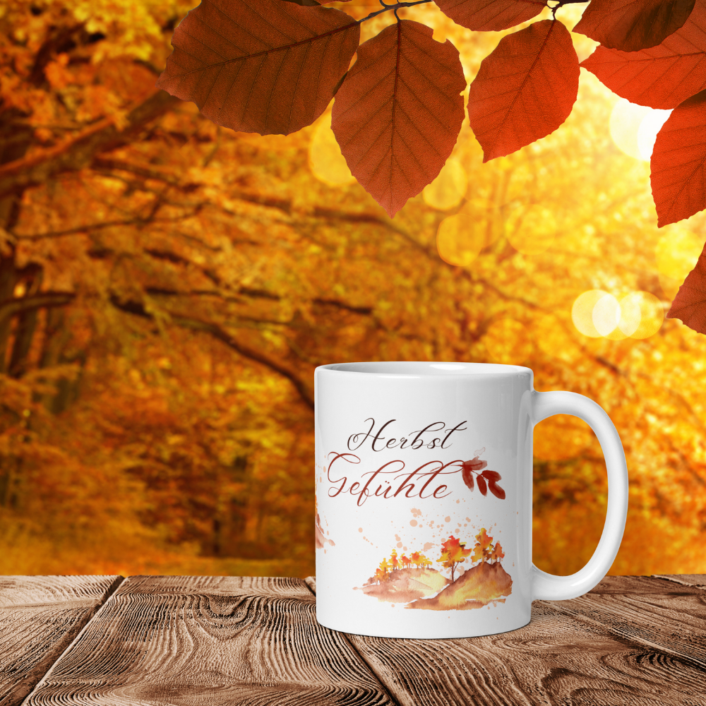Herbst Tasse „Herbst Gefühle“ – Keramikbecher mit Aquarell-Waldmotiv