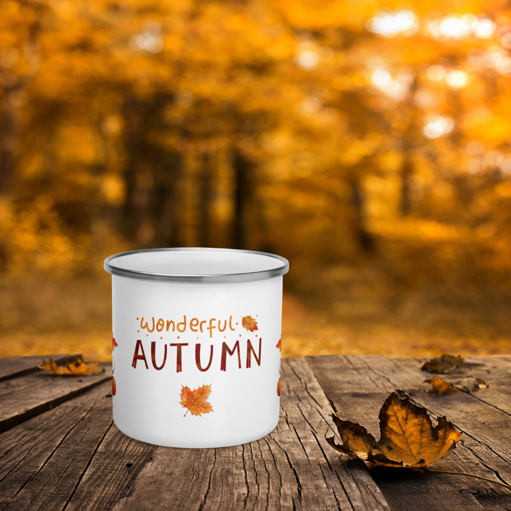 Outdoor Emaille-Tasse „Wonderful Autumn“ – Campingbecher mit Kürbis-, Kakao -Motiv