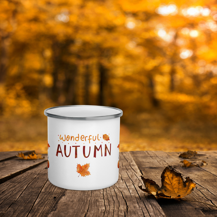 Outdoor Emaille-Tasse „Wonderful Autumn“ – Campingbecher mit Kürbis-, Kakao -Motiv