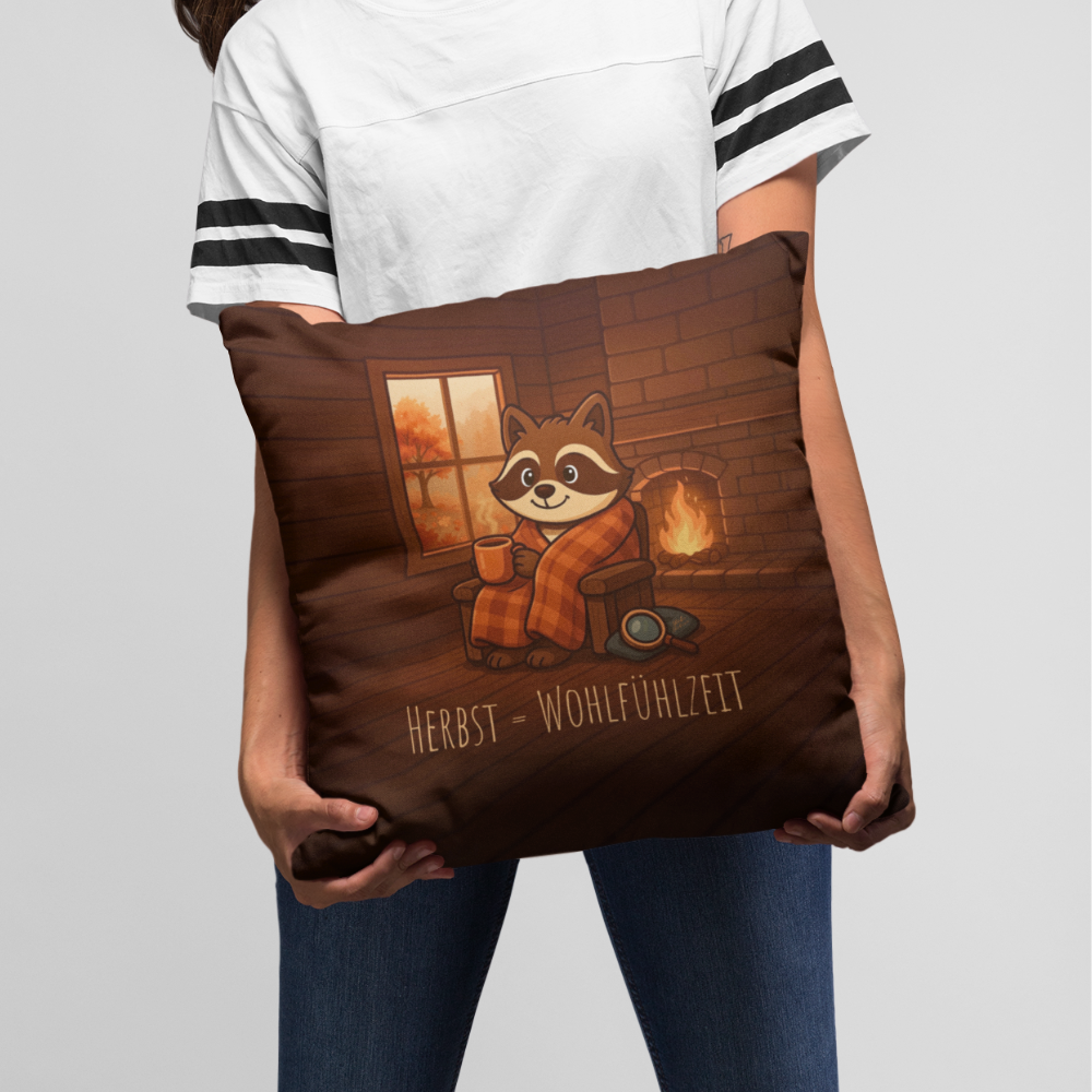 Herbst Hygge Kissen „Wohlfühlzeit“ – Zierkissen mit Stöbi dem Waschbär