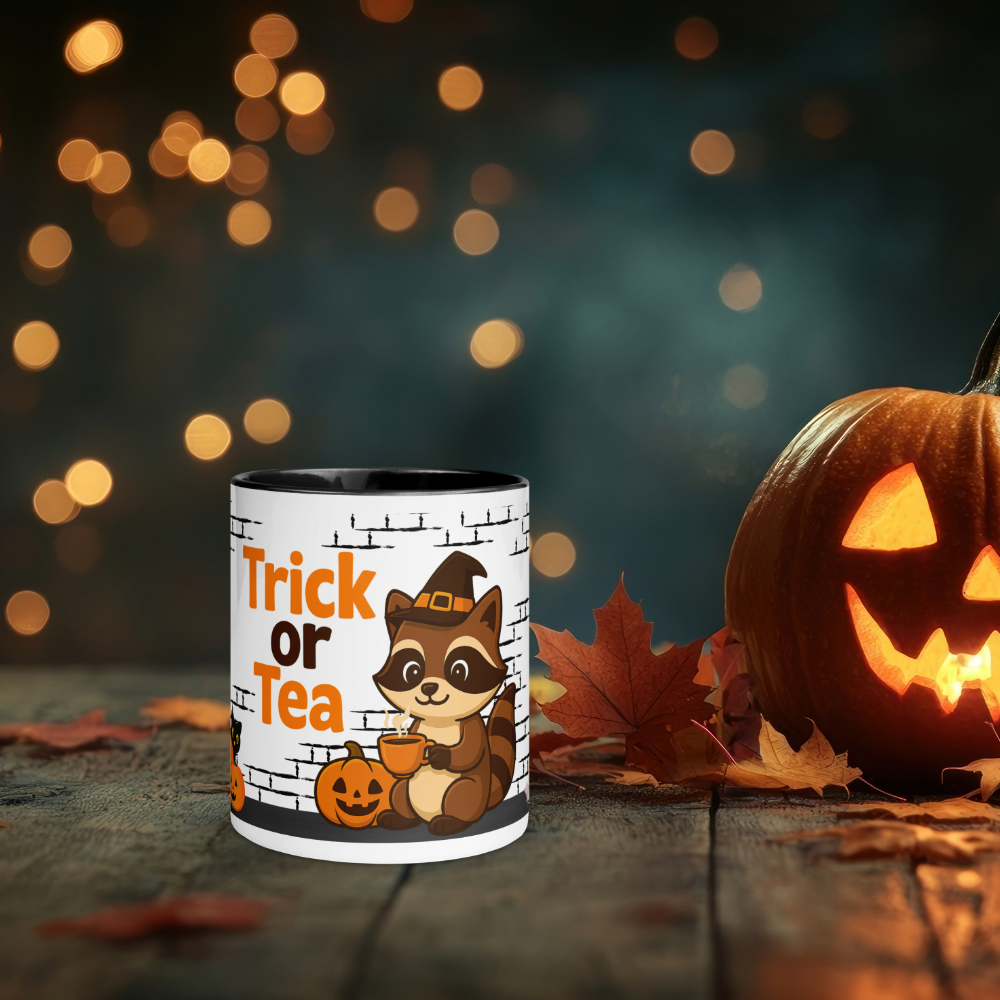 Halloween Tasse „Trick or Tea“ – Keramikbecher mit Stöbi Waschbär-Motiv