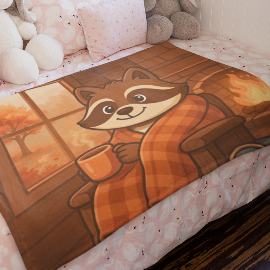 Herbst Hygge Kuscheldecke „Wohlfühlzeit“ – Decke mit Stöbi dem Waschbär