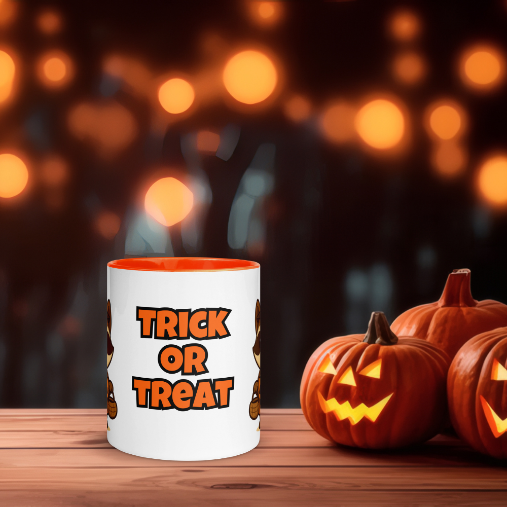 Halloween Tasse „Trick or Treat“ – Keramikbecher mit Baby-Stöbi Waschbär-Motiv