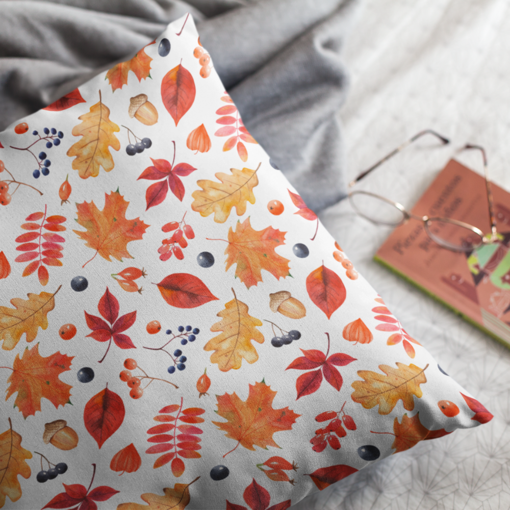 Herbst Hygge Kissen „Autumn Harmony“ – Zierkissen mit buntem Blättermuster