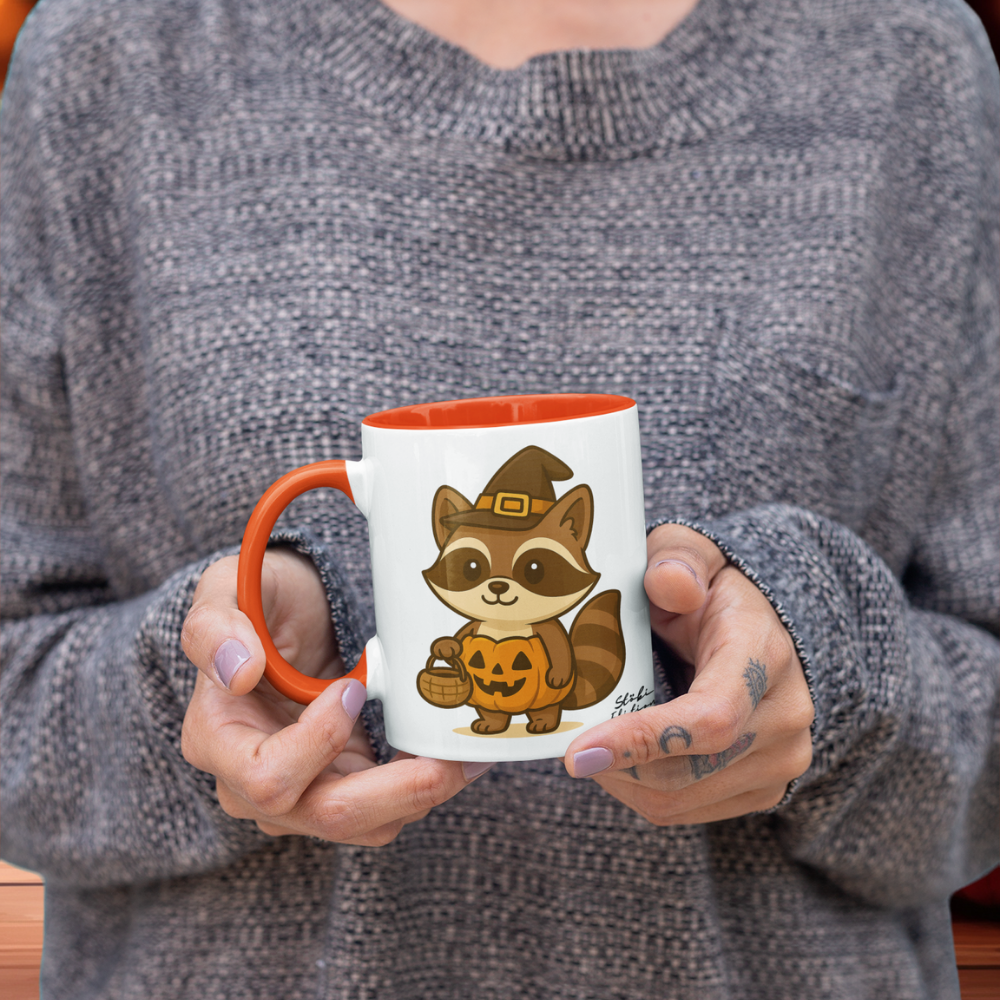 Halloween Tasse „Trick or Treat“ – Keramikbecher mit Baby-Stöbi Waschbär-Motiv