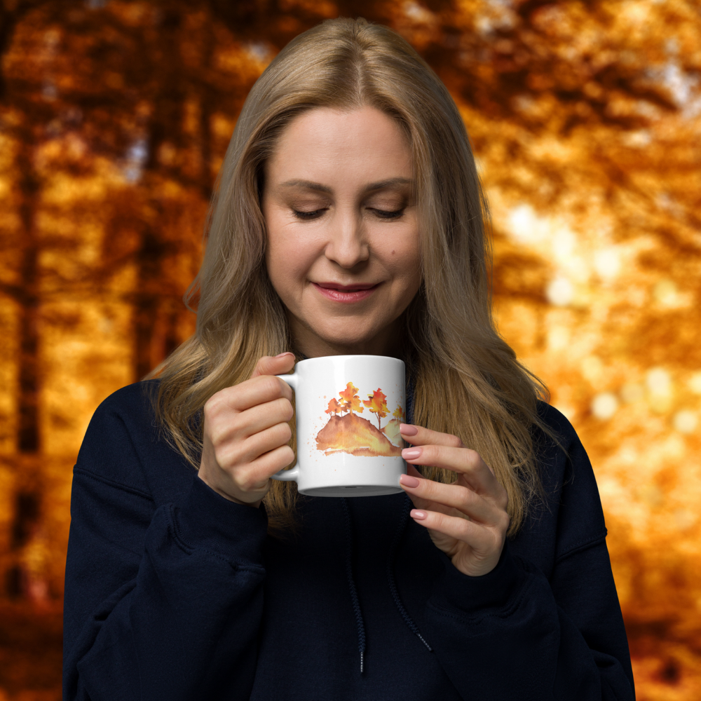 Herbst Tasse „Herbst Gefühle“ – Keramikbecher mit Aquarell-Waldmotiv