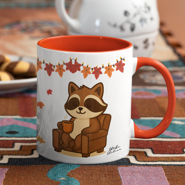 Herbst Tasse „Herbstzeit = Teezeit“ – Keramikbecher mit Stöbi Waschbär-Motiv