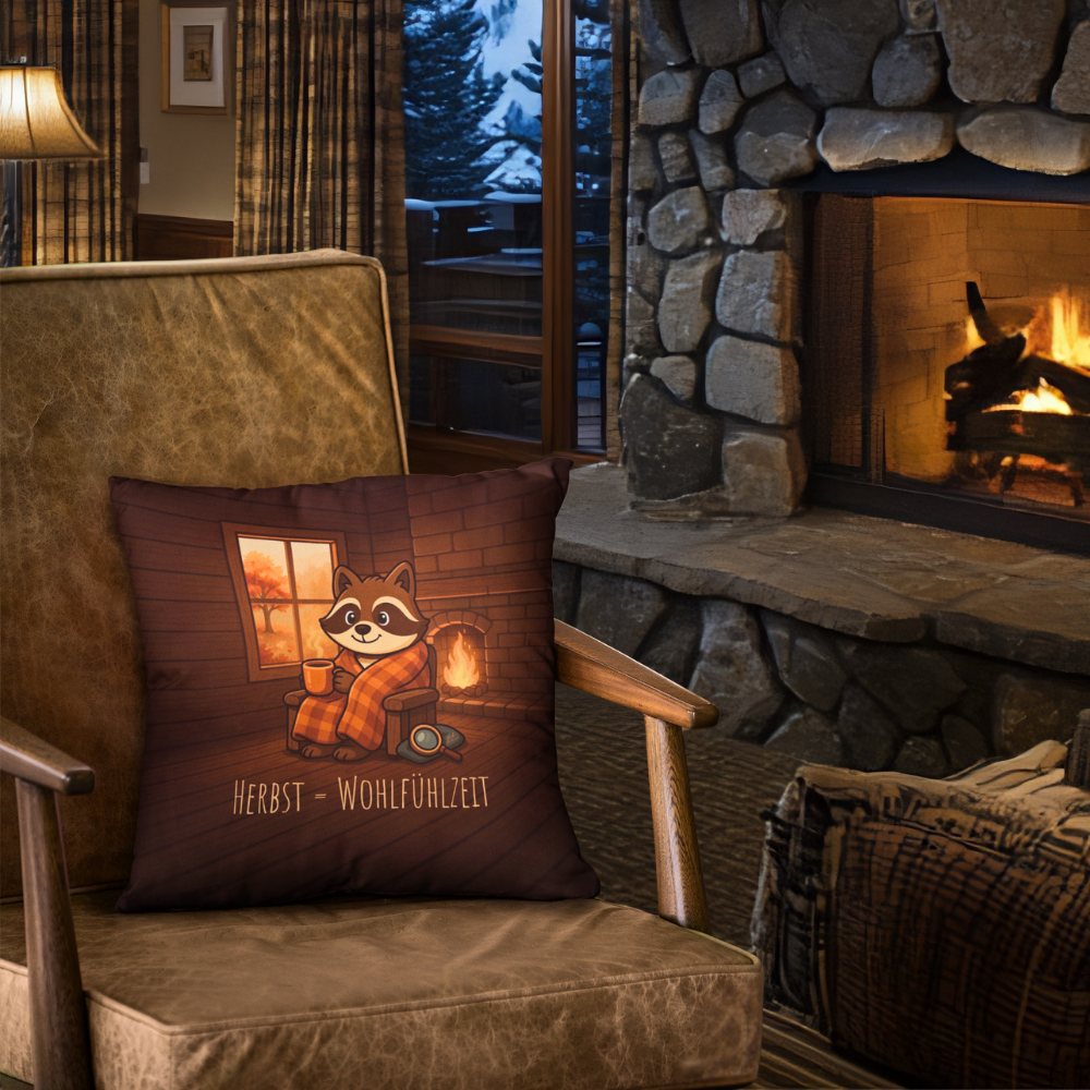 Herbst Hygge Kissen „Wohlfühlzeit“ – Zierkissen mit Stöbi dem Waschbär