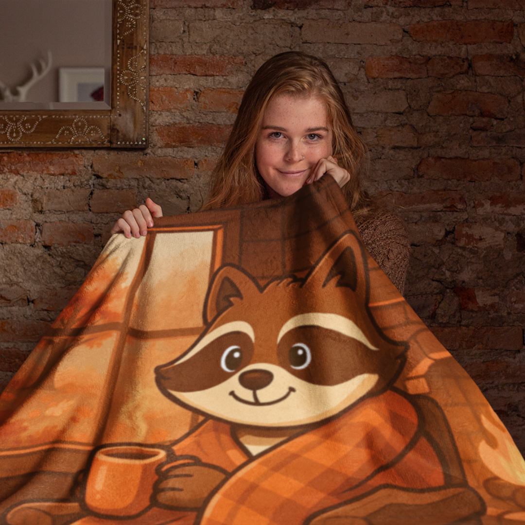 Herbst Hygge Kuscheldecke „Wohlfühlzeit“ – Decke mit Stöbi dem Waschbär